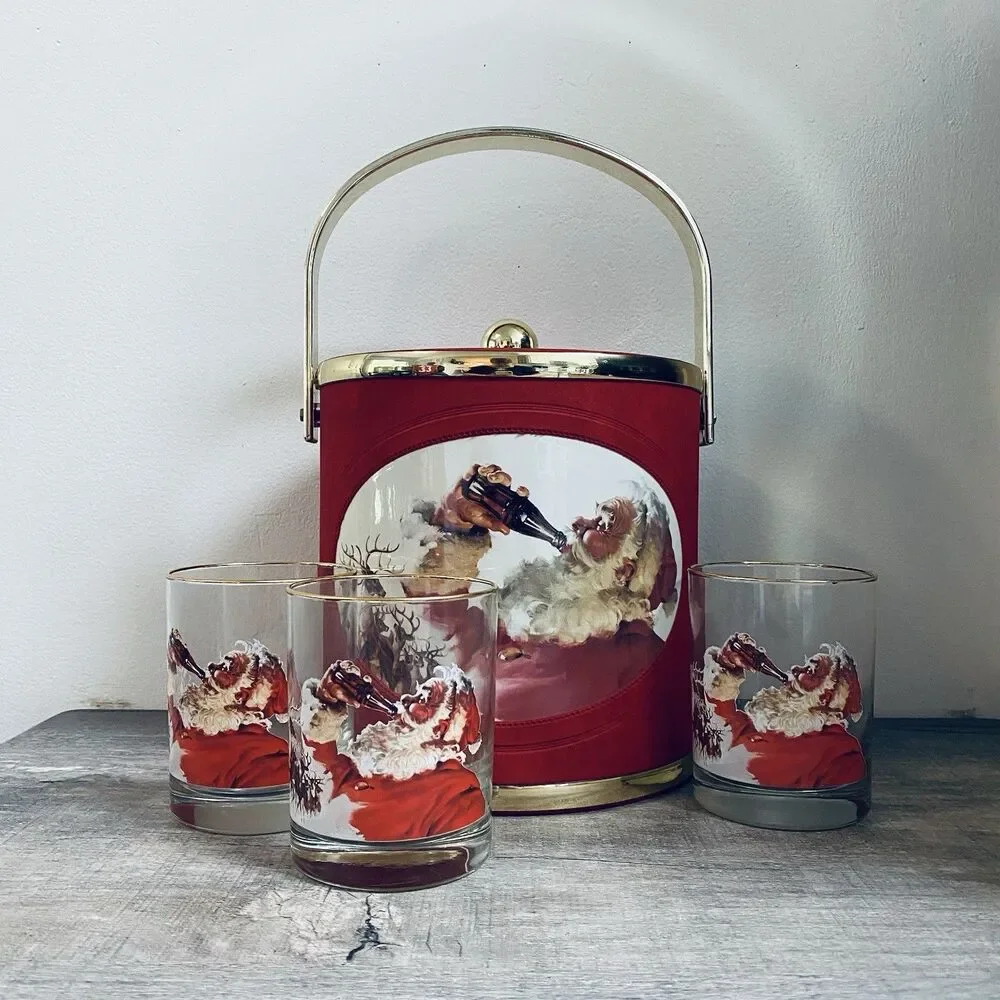 Vintage 1993 Coca Cola Red Felt Ice Bucket W/ Three 14 Ounce Glasses